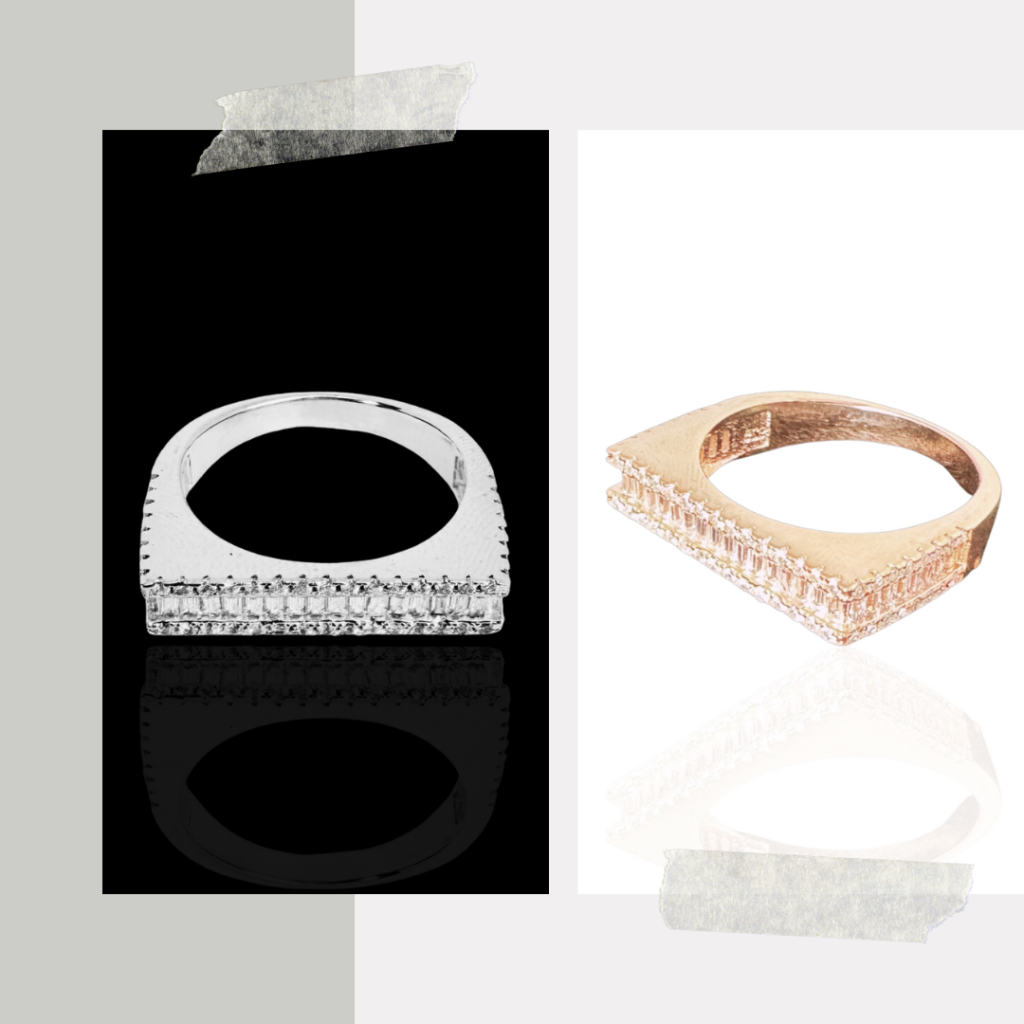 A "Baguette Studded Flat Sterling Silver Ring" by Nuoh/Nayani